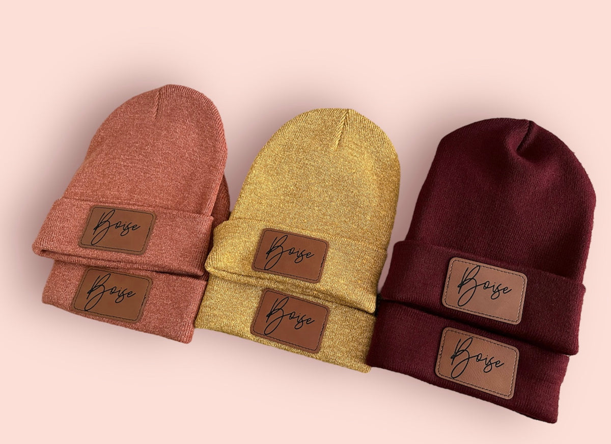 Custom Adult Beanies - Personalized Leather Patches with Rivets Khaki