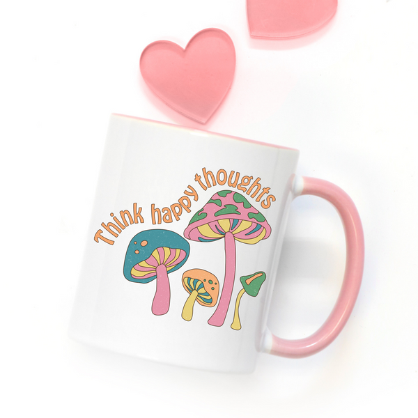 think happy thoughts, retro hippie mug, retro style mug, rainbow mug, retro aesthetic, mushroom mug, retro mushroom