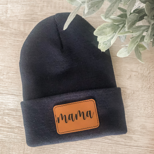 Mama Vegan Leather Patch Beanie