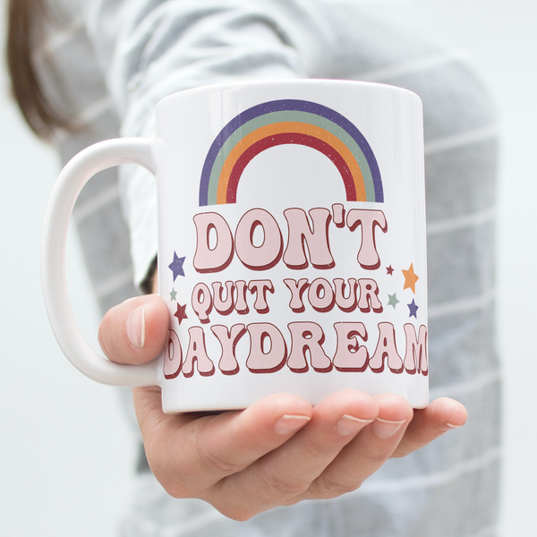don't quit your daydream, retro hippie mug, retro style mug, rainbow mug, retro aesthetic