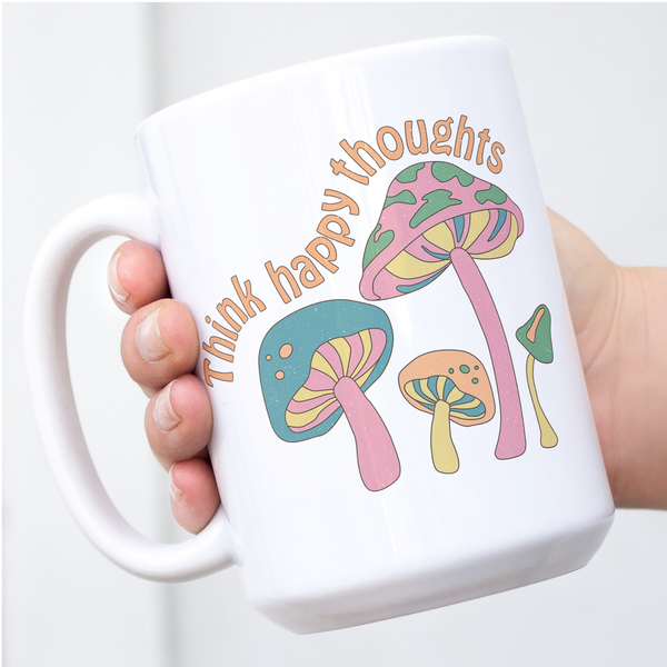 think happy thoughts, retro hippie mug, retro style mug, rainbow mug, retro aesthetic, mushroom mug, retro mushroom