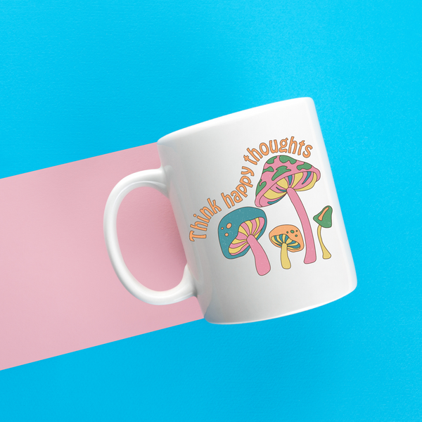 think happy thoughts, retro hippie mug, retro style mug, rainbow mug, retro aesthetic, mushroom mug, retro mushroom