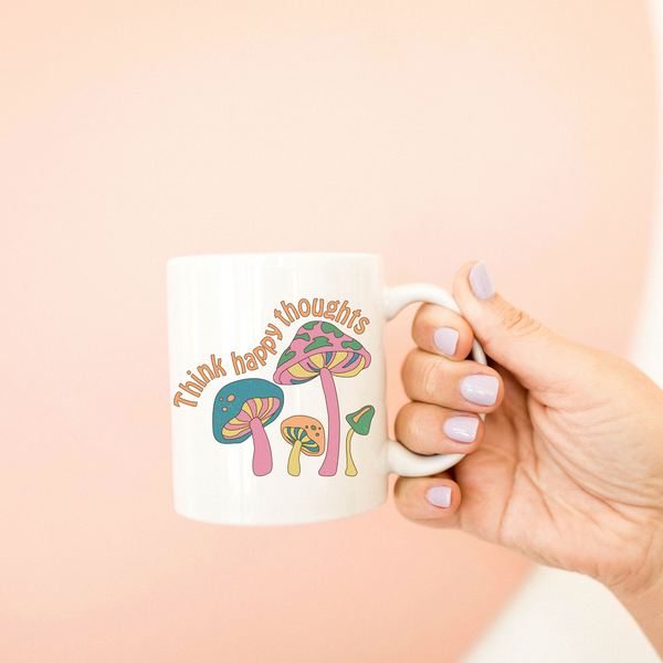 think happy thoughts, retro hippie mug, retro style mug, rainbow mug, retro aesthetic, mushroom mug, retro mushroom