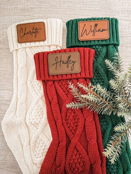 knit stockings, personalized knit stockings, custom knit stockings, laser cut leather patch, personalized leather patch, leather stockings, name knit stocking, personalized stocking, name stocking, holiday stocking, christmas decor, christmas stocking