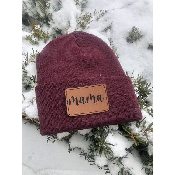 mama bear, mama beanie, mama leather patch winter hat, mama beanie, leather patch hat