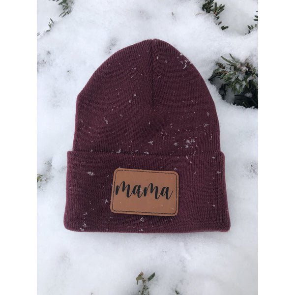 mama bear, mama beanie, mama leather patch winter hat, mama beanie, leather patch hat