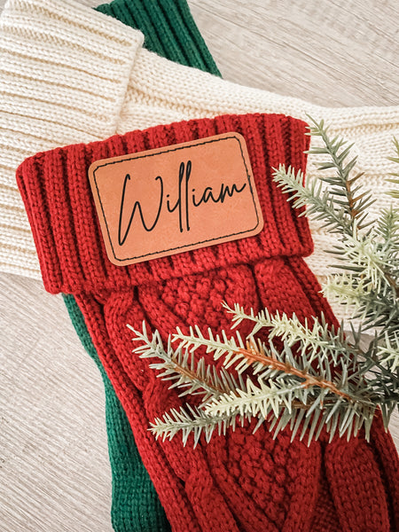 knit stockings, personalized knit stockings, custom knit stockings, laser cut leather patch, personalized leather patch, leather stockings, name knit stocking, personalized stocking, name stocking, holiday stocking, christmas decor, christmas stocking