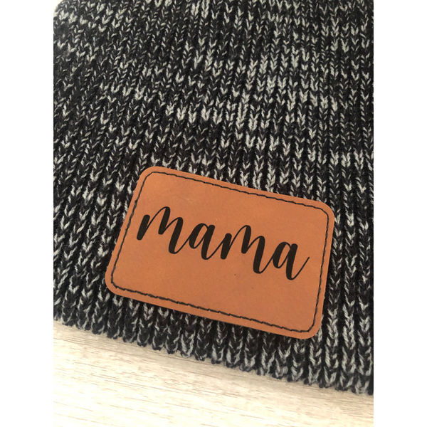 mama bear, mama beanie, mama leather patch winter hat, mama beanie, leather patch hat