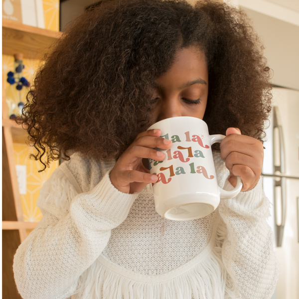 retro style 1970s Christmas mug, Fa La La La, Joy to the world, retro christmas, pink mug, happy face mug