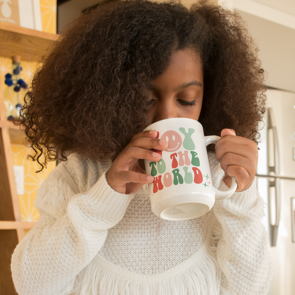 retro style 1970s Christmas mug, Fa La La La, Joy to the world, retro christmas, pink mug, happy face mug