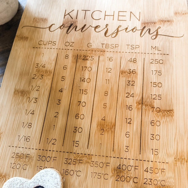 kitchen conversion chart on bamboo cutting board, charcuterie board, baking measurement conversions, cooking measurements, cups to oz, kitchen cheat sheet