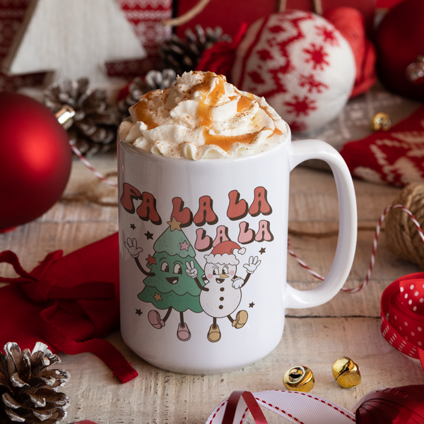 Retro Christmas Fa La La Tree and Snowman Ceramic Mug