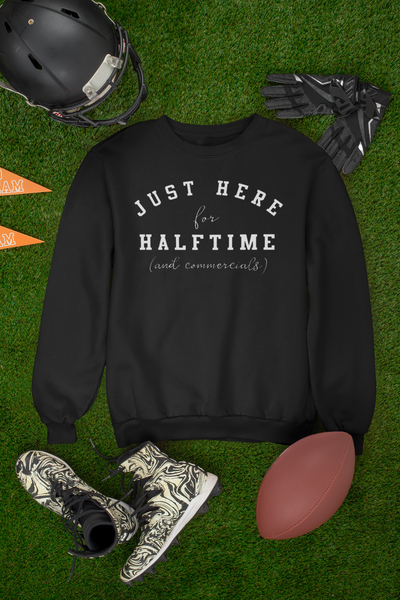 just here for halftime, superbowl sweatshirts, superbowl part shirt, with love louise