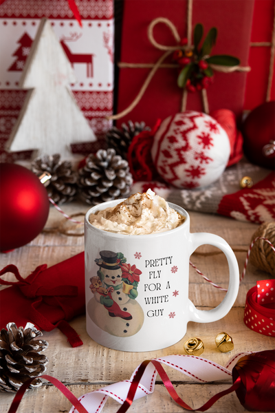 retro snowman, pretty fly for a white guy, funny christmas mug, snowman mug