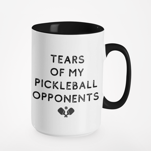 ceramic mug with black rim, handmade in tn, tears of my pickleball opponents