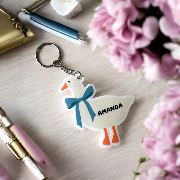 1980s blue ribbon goose keychain, personalized keychain, the goose is on the loose keychain