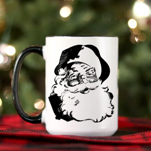 vintage style santa mug with black and white image of old classic santa claus