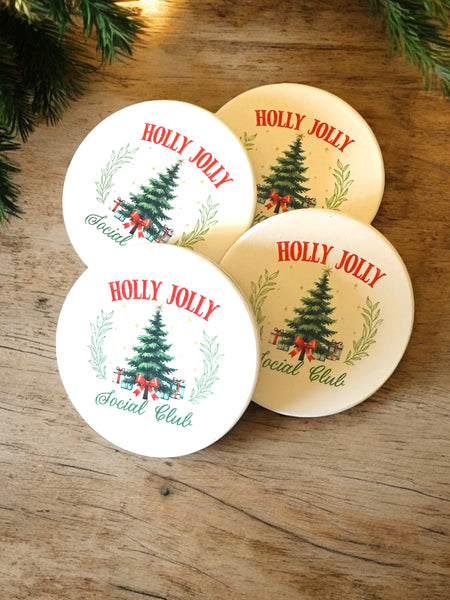 Holly Jolly Social Club Ceramic Coaster Set