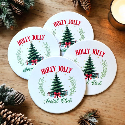 Holly Jolly Social Club Ceramic Coaster Set