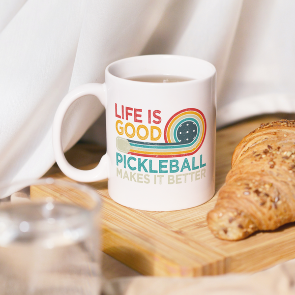 Pickleball Retro design mug, with love louise, made in tennessee, handmade in nashville, life is good pickleball makes it better