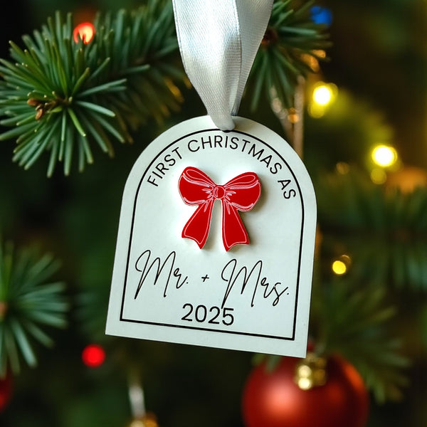 First Christmas Married Ornament - coquette bow - 2025