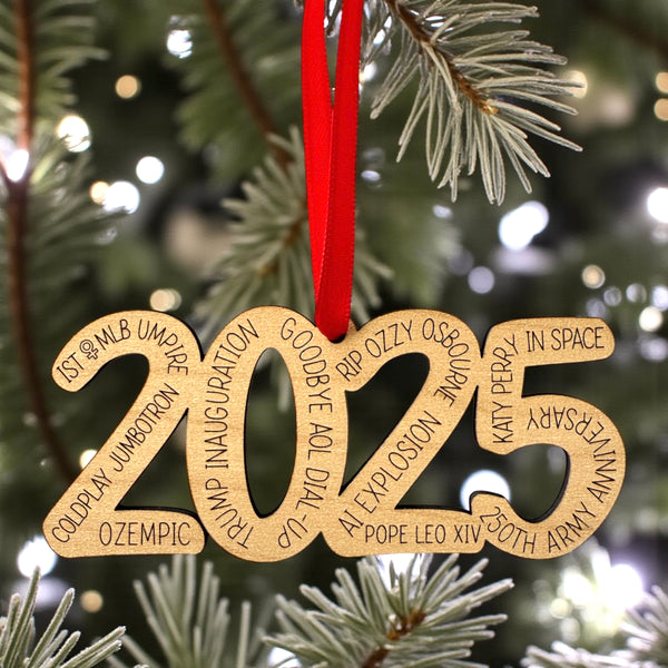 2025 Year-in-Review Ornament | Funny Pop Culture Christmas Keepsake | Laser Engraved Wood Ornament