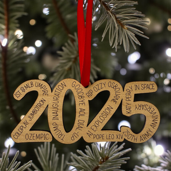 2025 Year-in-Review Ornament | Funny Pop Culture Christmas Keepsake | Laser Engraved Wood Ornament