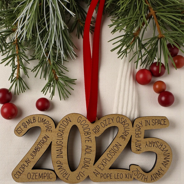 2025 Year-in-Review Ornament | Funny Pop Culture Christmas Keepsake | Laser Engraved Wood Ornament