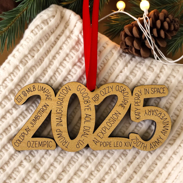 2025 Year-in-Review Ornament | Funny Pop Culture Christmas Keepsake | Laser Engraved Wood Ornament