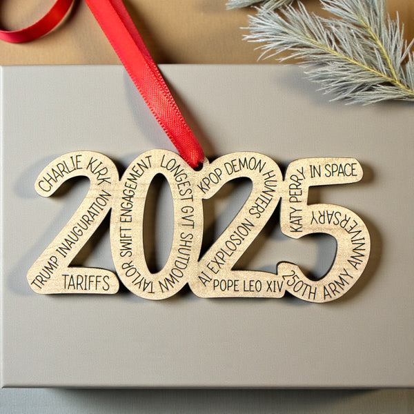 2025 Year-in-Review Ornament | Funny Pop Culture Christmas Keepsake | Laser Engraved Wood Ornament