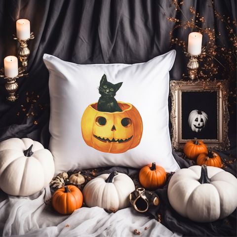 Fall Pillow, Black Cat Halloween Pillow, Jack O Lantern, Vintage Style