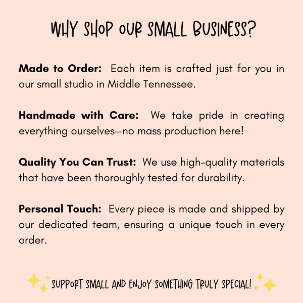 Promotional text about a small business's products on a light pink background