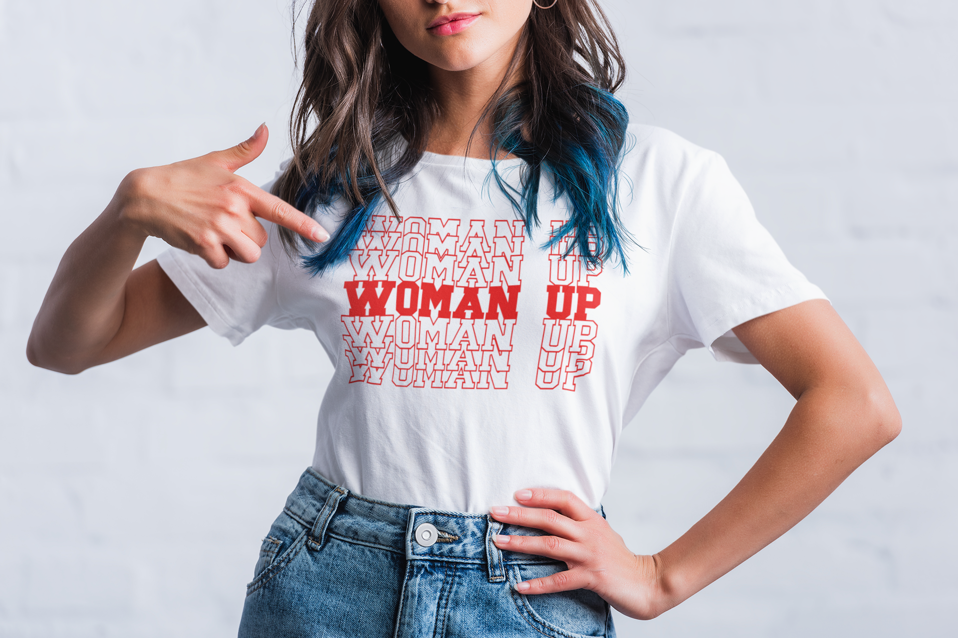 a woman with blue hair wearing a white shirt