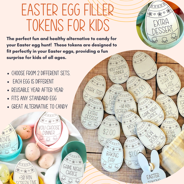 Easter egg tokens, Easter basket filler, kids Easter gift, sustainable Easter, wood Easter token, non-candy Easter, Easter activity token, Easter surprise, springtime tokens, Easter hunt prize, personalized tokens, custom Easter gift, grandchild Easter gift					