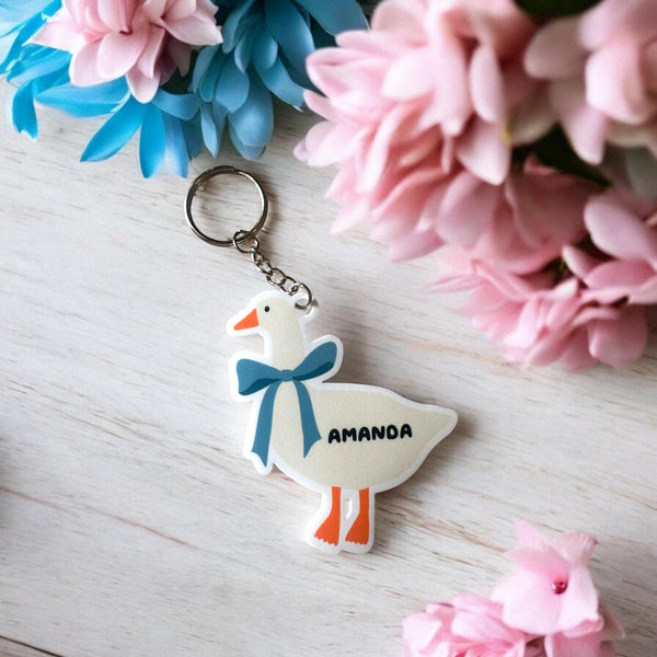 1980s blue ribbon goose keychain, personalized keychain, the goose is on the loose keychain