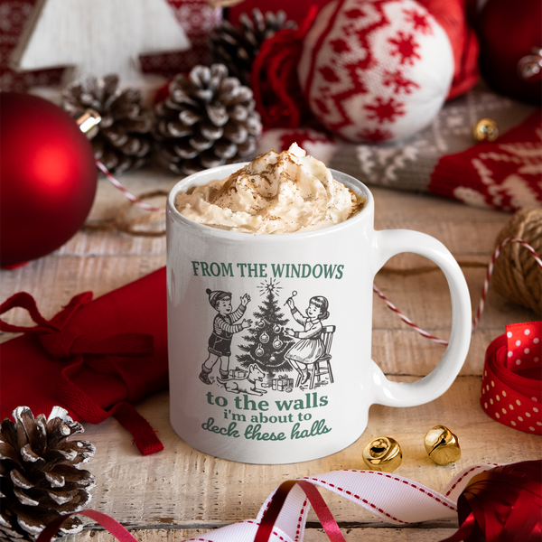 funny christmas mug, holiday coffee cup, christmas humor mug, deck the halls mug, retro christmas gift, from the windows to the walls mug, vintage christmas mug, christmas gift for her, holiday drinkware, funny holiday gift, christmas party mug, festive coffee mug, christmas kitchen decor