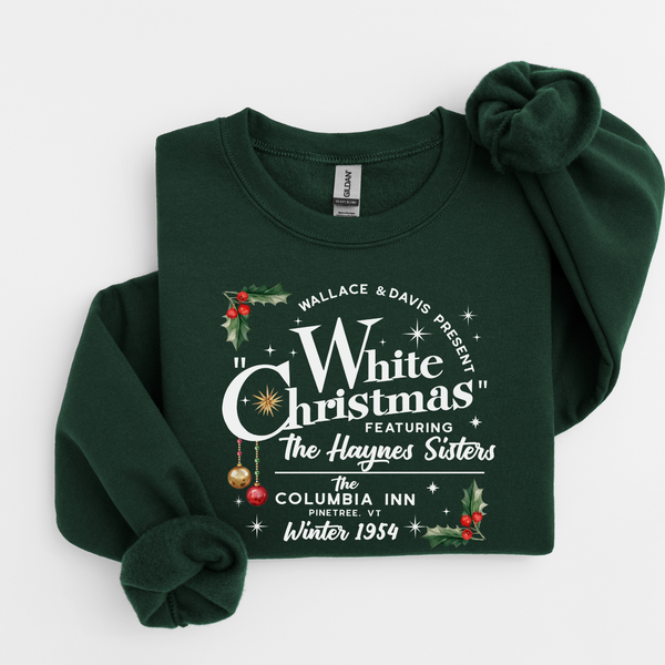Green sweatshirt with 'White Christmas' design on a white background