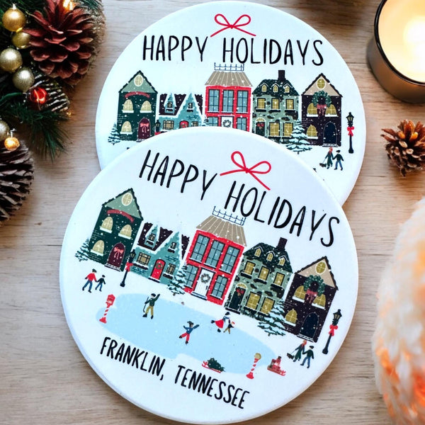 Custom Ceramic Winter Village Holiday Coaster, winter village scene, christmas custom gift