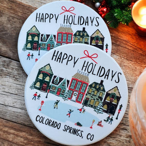 Custom Ceramic Winter Village Holiday Coaster, winter village scene, christmas custom gift