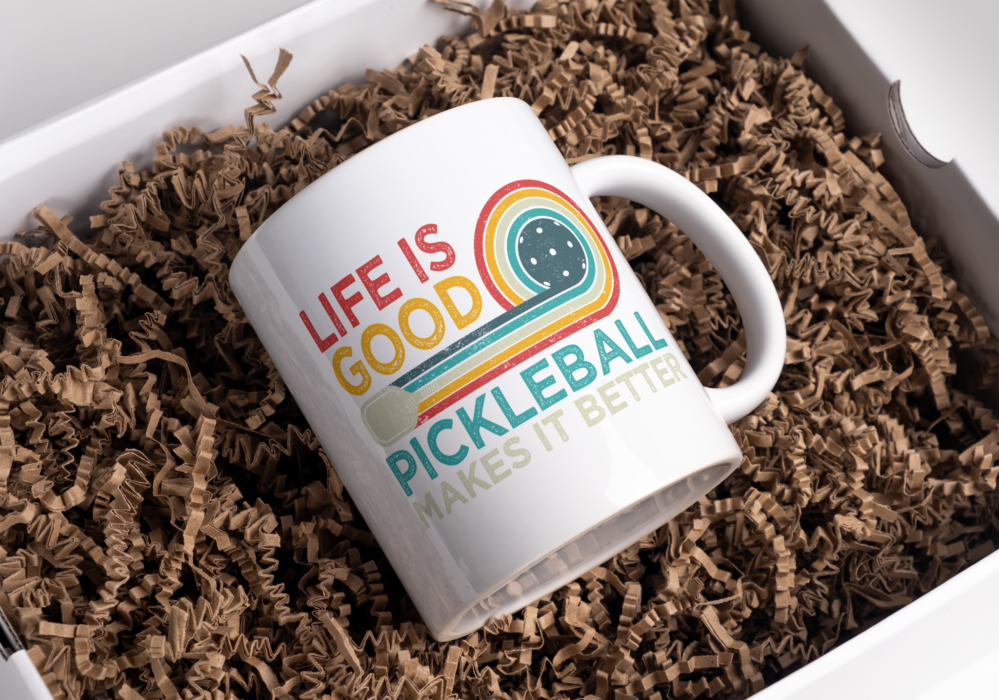 Pickleball Retro design mug, with love louise, made in tennessee, handmade in nashville, life is good pickleball makes it better