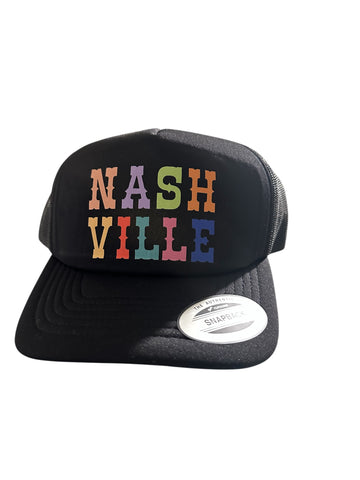 nashville trucker hat, custom printed hat, nashville gift, color block hat, music city hat, bachelorette party hats, festival hat, snapback nashville, mesh trucker hat, nashville souvenir

