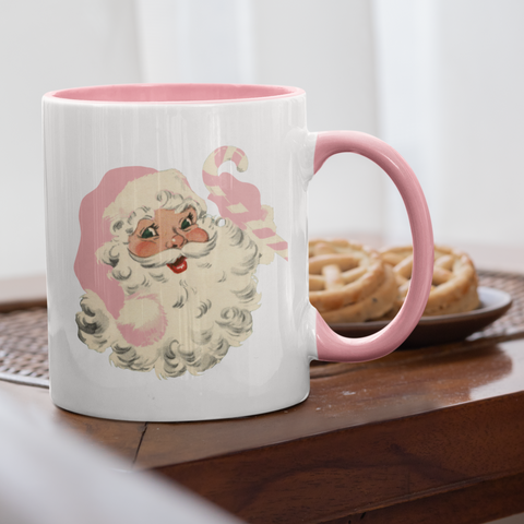 vintage retro santa with pink hat and pink stripe candycane.  pink christmas, pink vintage christmas mug