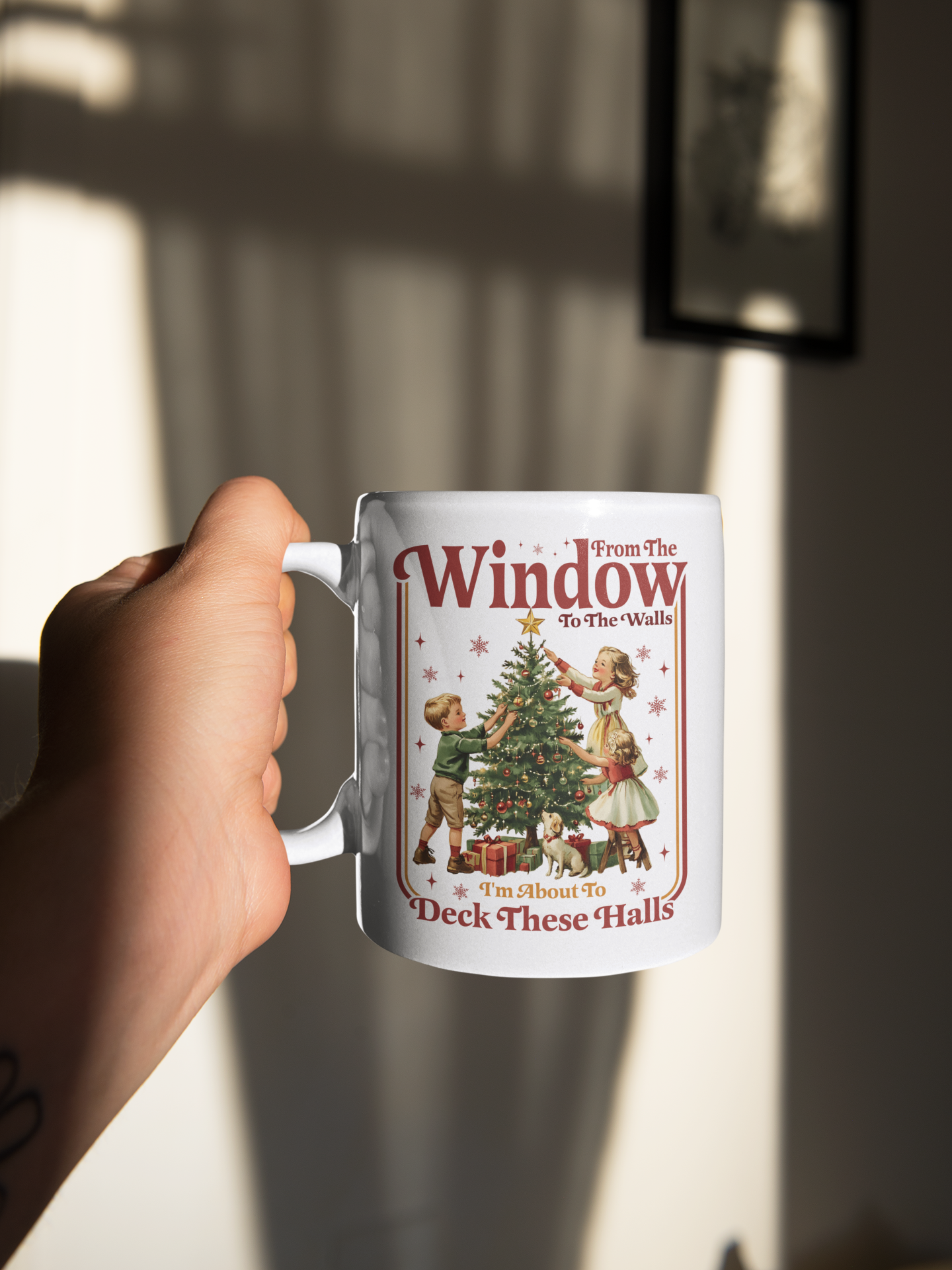 funny christmas mug, holiday coffee cup, christmas humor mug, deck the halls mug, retro christmas gift, from the windows to the walls mug, vintage christmas mug, christmas gift for her, holiday drinkware, funny holiday gift, christmas party mug, festive coffee mug, christmas kitchen decor