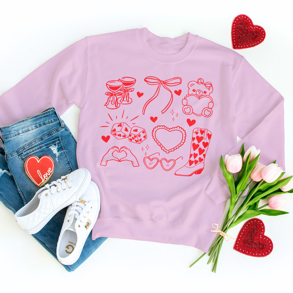 Pink sweatshirt with red graphics, jeans, white sneakers, heart-shaped accessories, and flowers on a white background