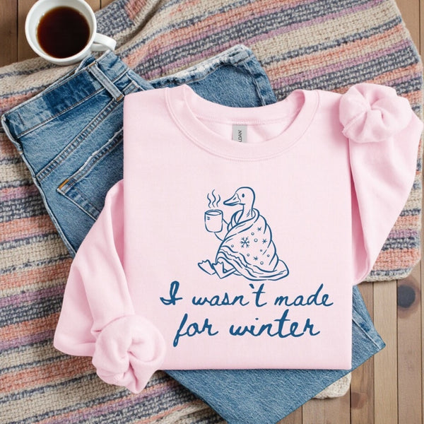 Pink sweatshirt with a graphic and text on a striped fabric background