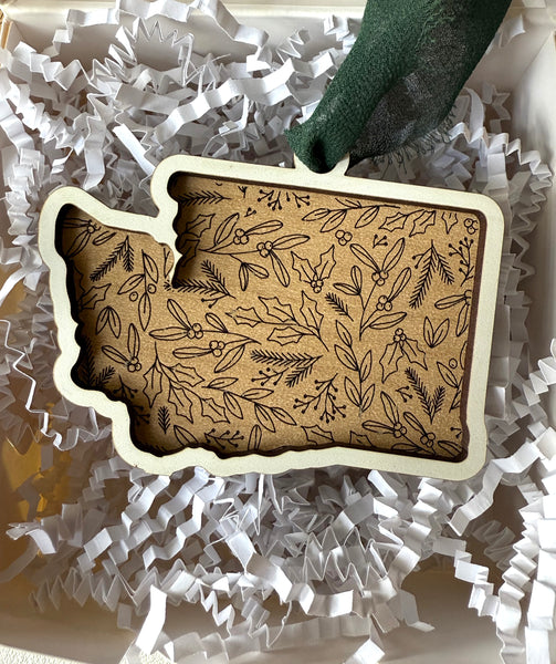 Winter Floral State Wood Engraved Christmas Ornament