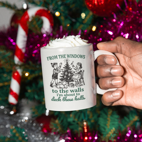 funny christmas mug, holiday coffee cup, christmas humor mug, deck the halls mug, retro christmas gift, from the windows to the walls mug, vintage christmas mug, christmas gift for her, holiday drinkware, funny holiday gift, christmas party mug, festive coffee mug, christmas kitchen decor