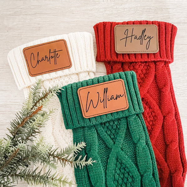 knit stockings, personalized knit stockings, custom knit stockings, laser cut leather patch, personalized leather patch, leather stockings, name knit stocking, personalized stocking, name stocking, holiday stocking, christmas decor, christmas stocking