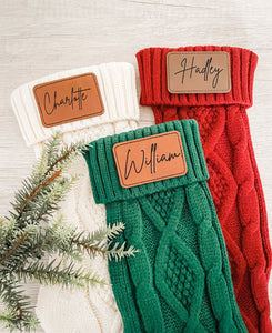 knit stockings, personalized knit stockings, custom knit stockings, laser cut leather patch, personalized leather patch, leather stockings, name knit stocking, personalized stocking, name stocking, holiday stocking, christmas decor, christmas stocking