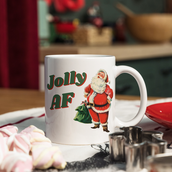 Jolly AF Santa Retro Ceramic Mug with Color Handle Options